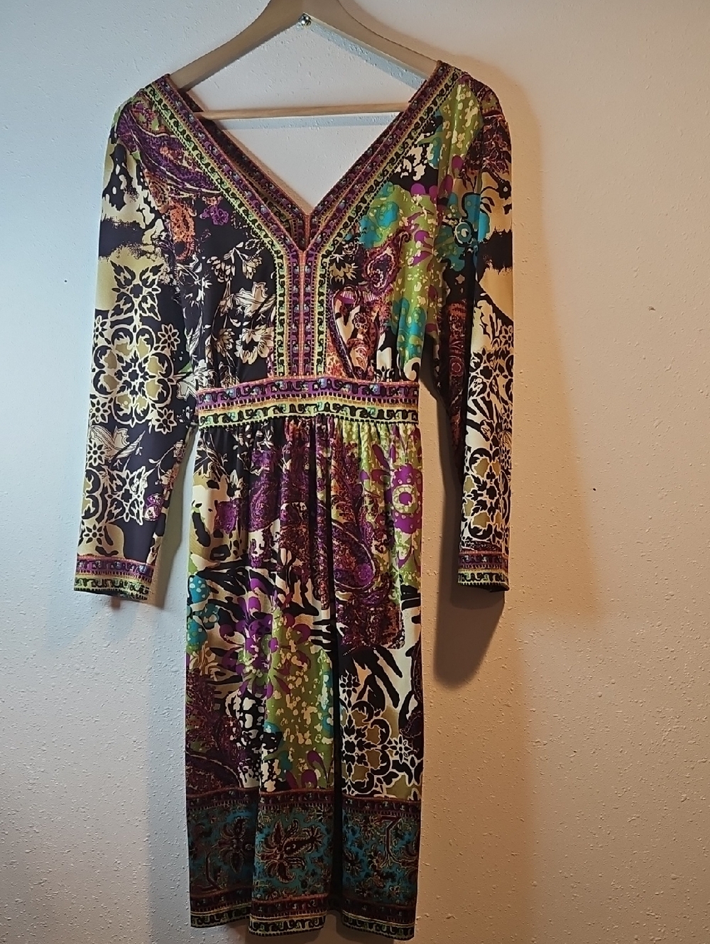 ECI New York Boho Multicolor V-Neck Mini Dress 3/4 Sleeve Empire Tie Waist L
